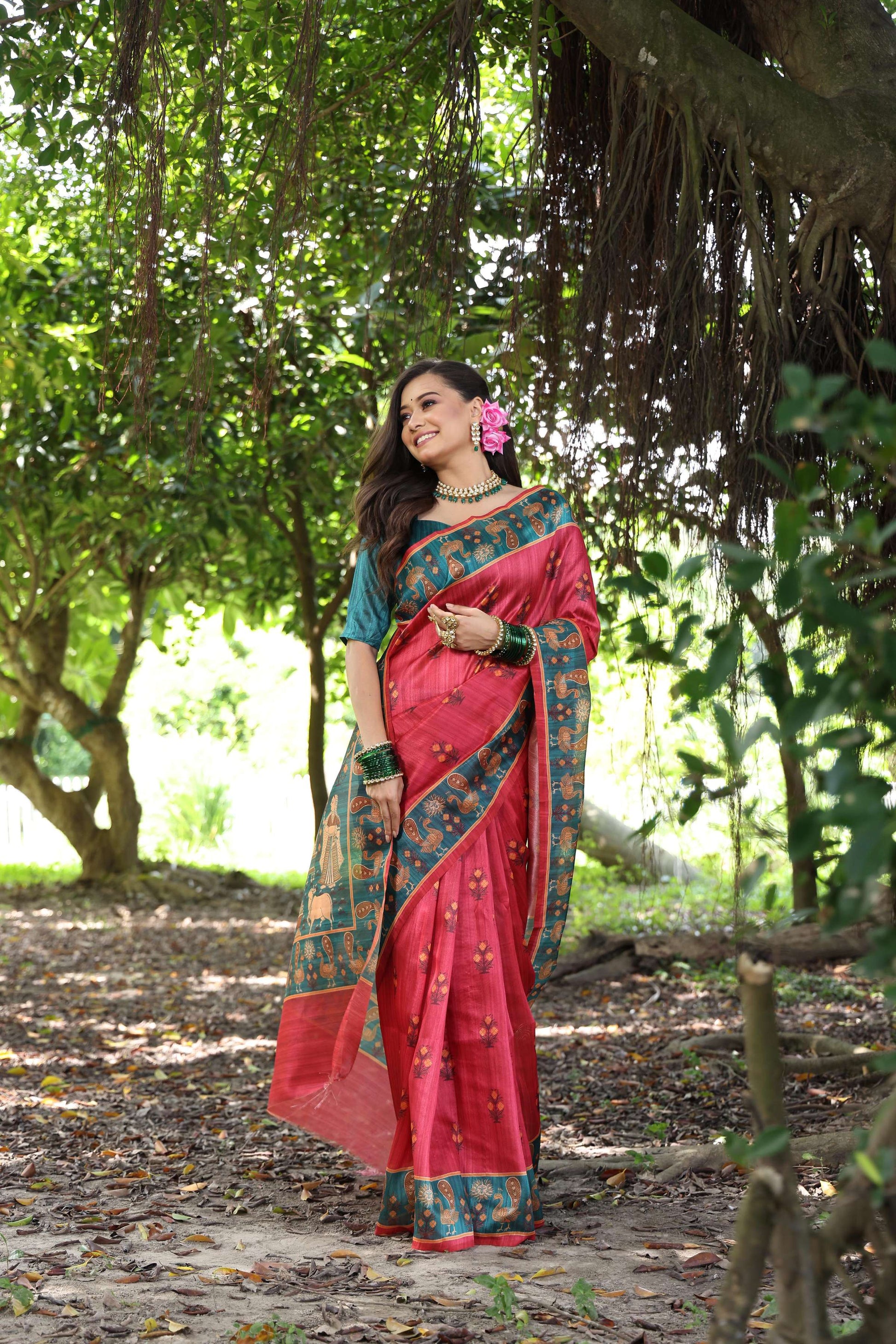 Jyoti Fashion Women's Black Soft Tussar Silk Peacock Printed Designer Saree with Blouse | Swadesiicart