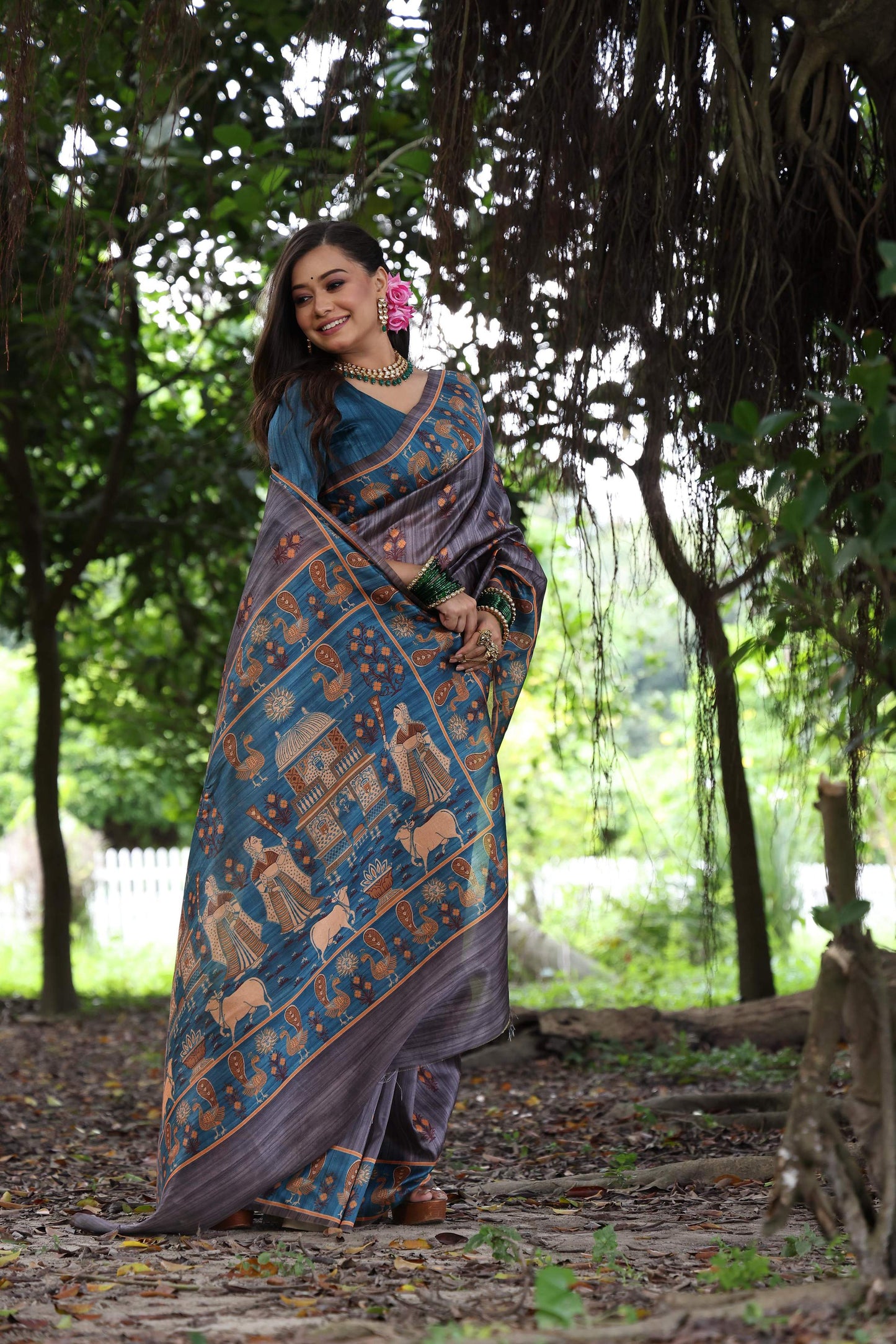 Jyoti Fashion Women's Gajri Red Soft Tussar Silk Peacock Printed Designer Saree with Blouse | Swadesiicart