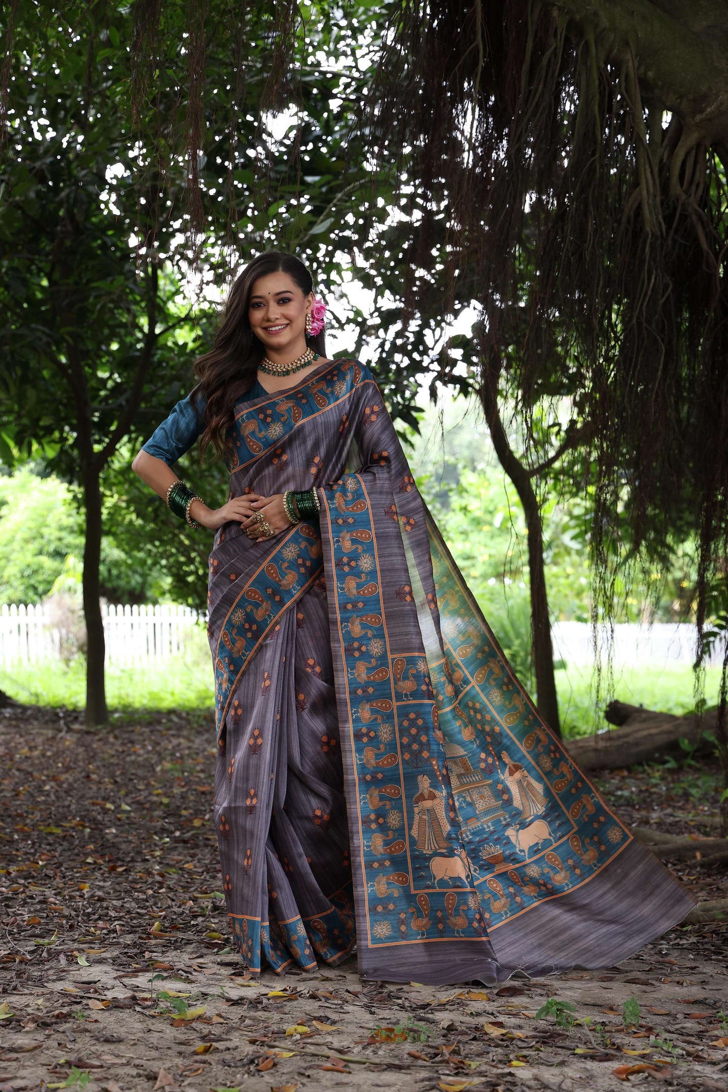 Jyoti Fashion Women's Gajri Red Soft Tussar Silk Peacock Printed Designer Saree with Blouse | Swadesiicart