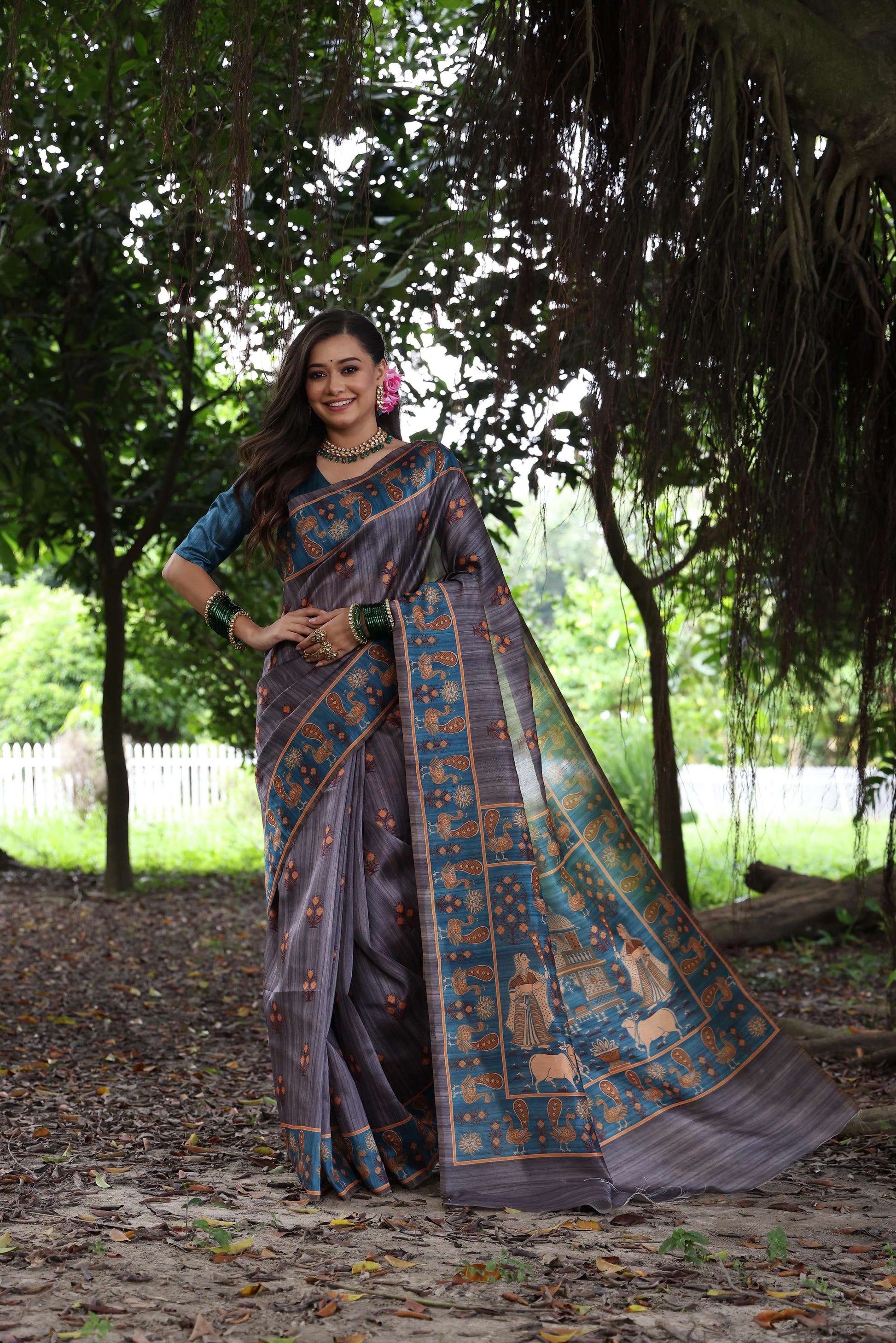 Jyoti Fashion Women's Gajri Red Soft Tussar Silk Peacock Printed Designer Saree with Blouse | Swadesiicart
