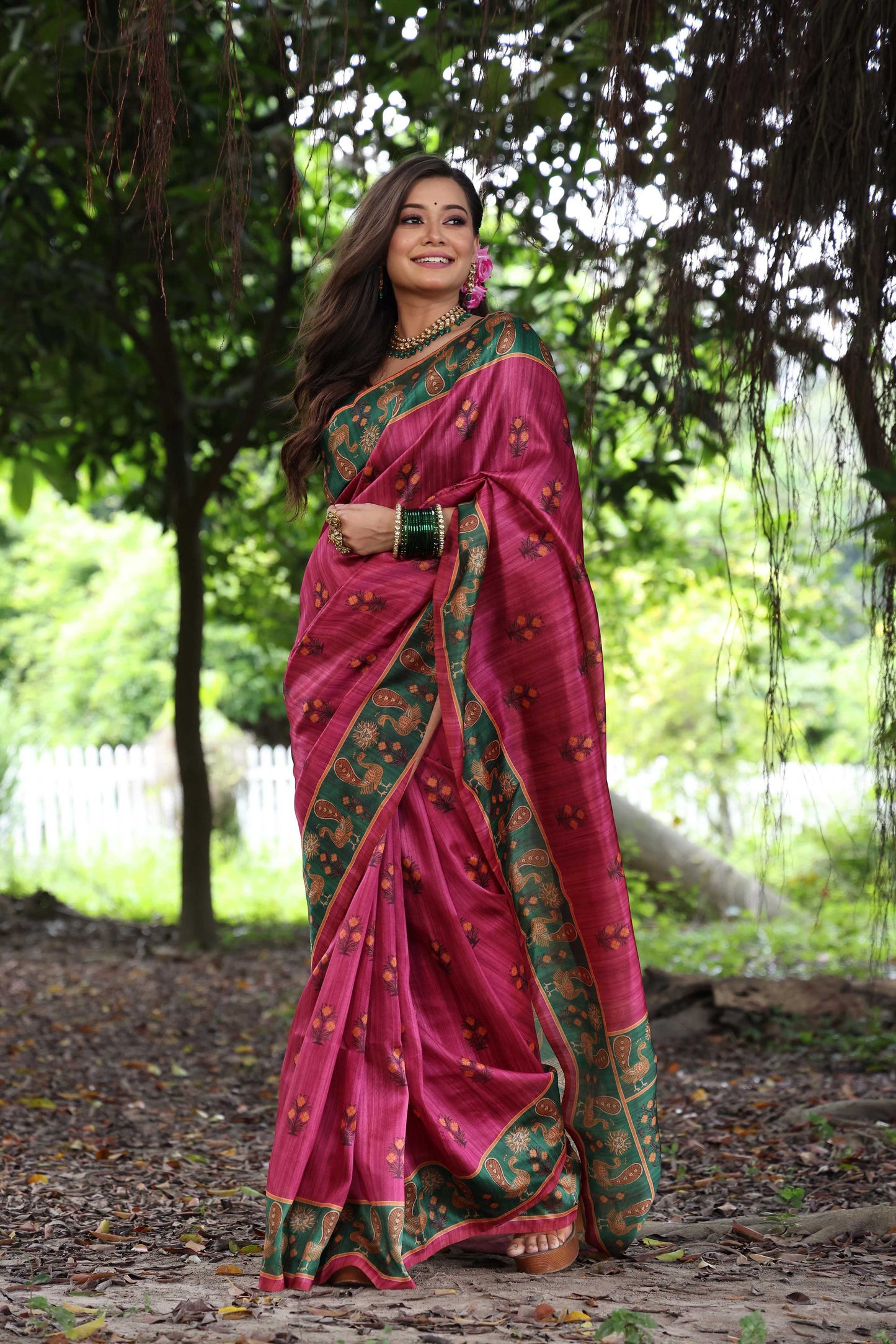 Jyoti Fashion Women's Grey Soft Tussar Silk Peacock Printed Designer Saree with Blouse | Swadesiicart