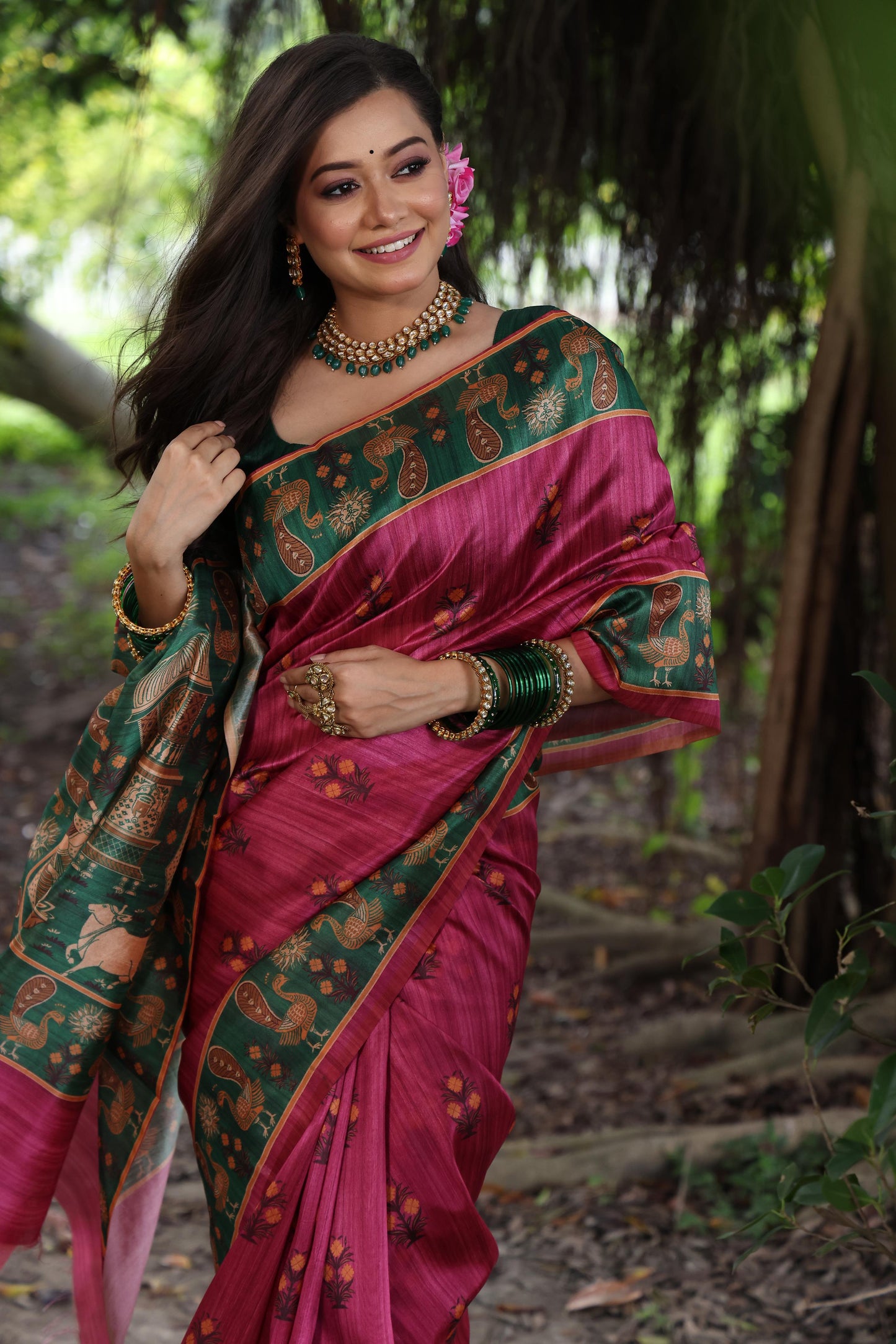 Jyoti Fashion Women's Grey Soft Tussar Silk Peacock Printed Designer Saree with Blouse | Swadesiicart