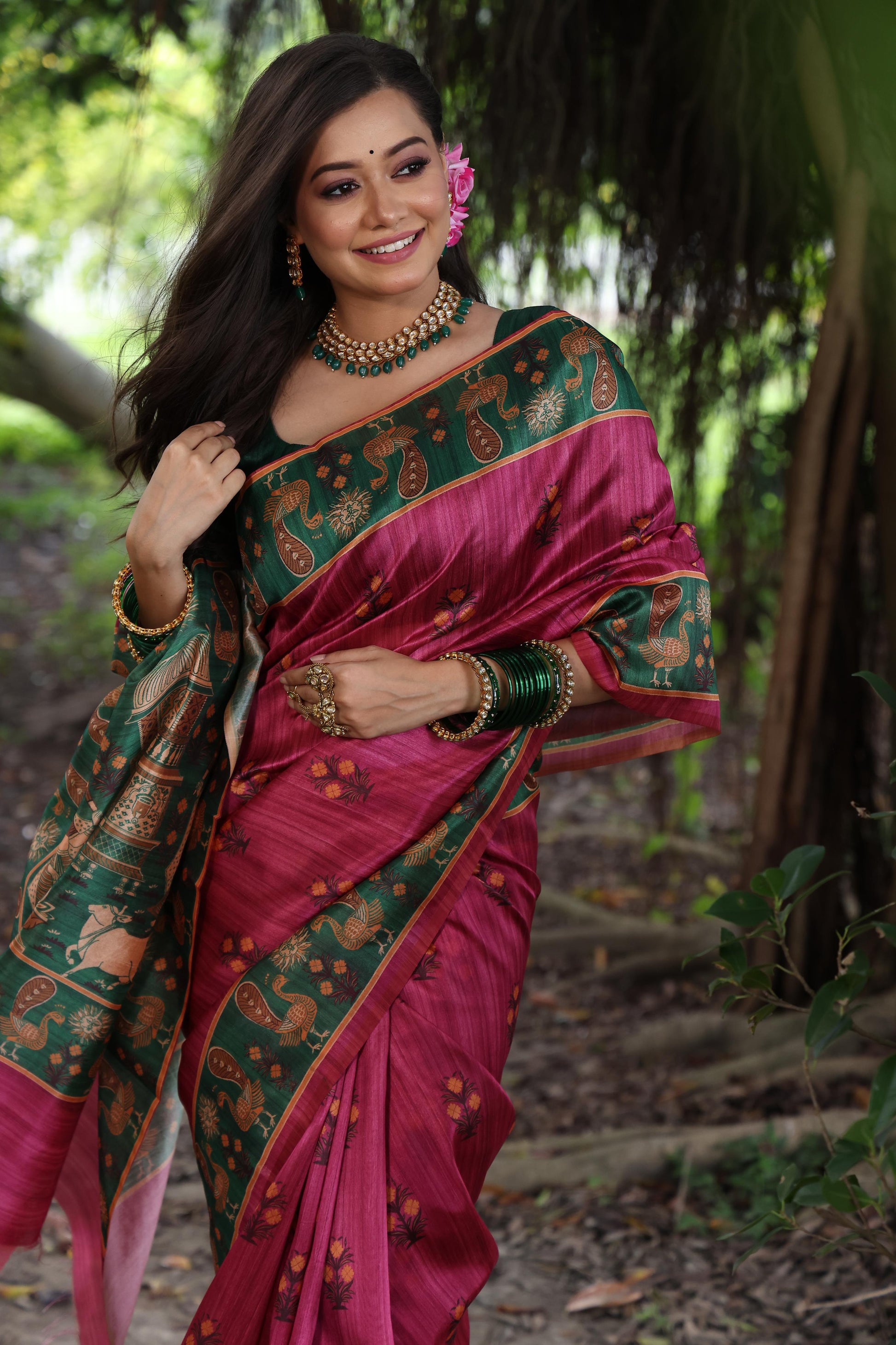 Jyoti Fashion Women's Grey Soft Tussar Silk Peacock Printed Designer Saree with Blouse | Swadesiicart