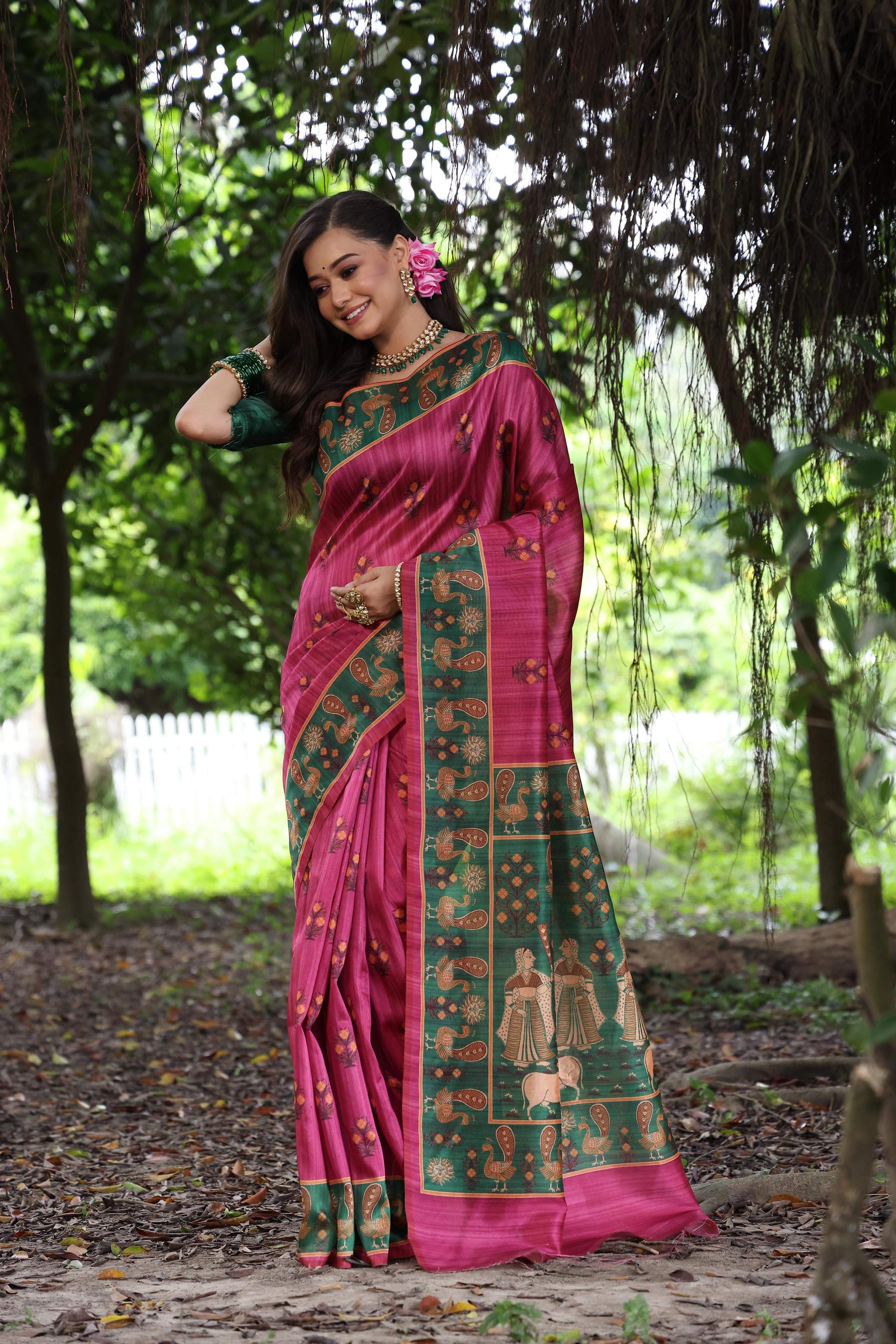 Jyoti Fashion Women's Grey Soft Tussar Silk Peacock Printed Designer Saree with Blouse | Swadesiicart