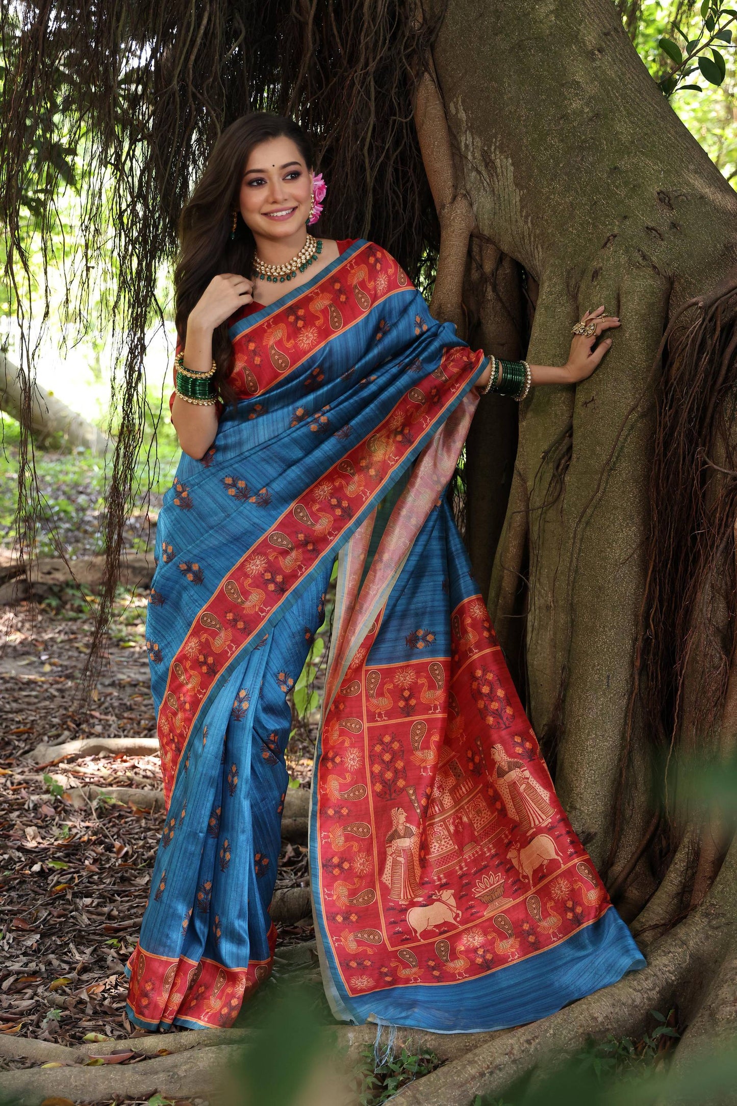 Jyoti Fashion Women's Wine Soft Tussar Silk Peacock Printed Designer Saree with Blouse | Swadesiicart
