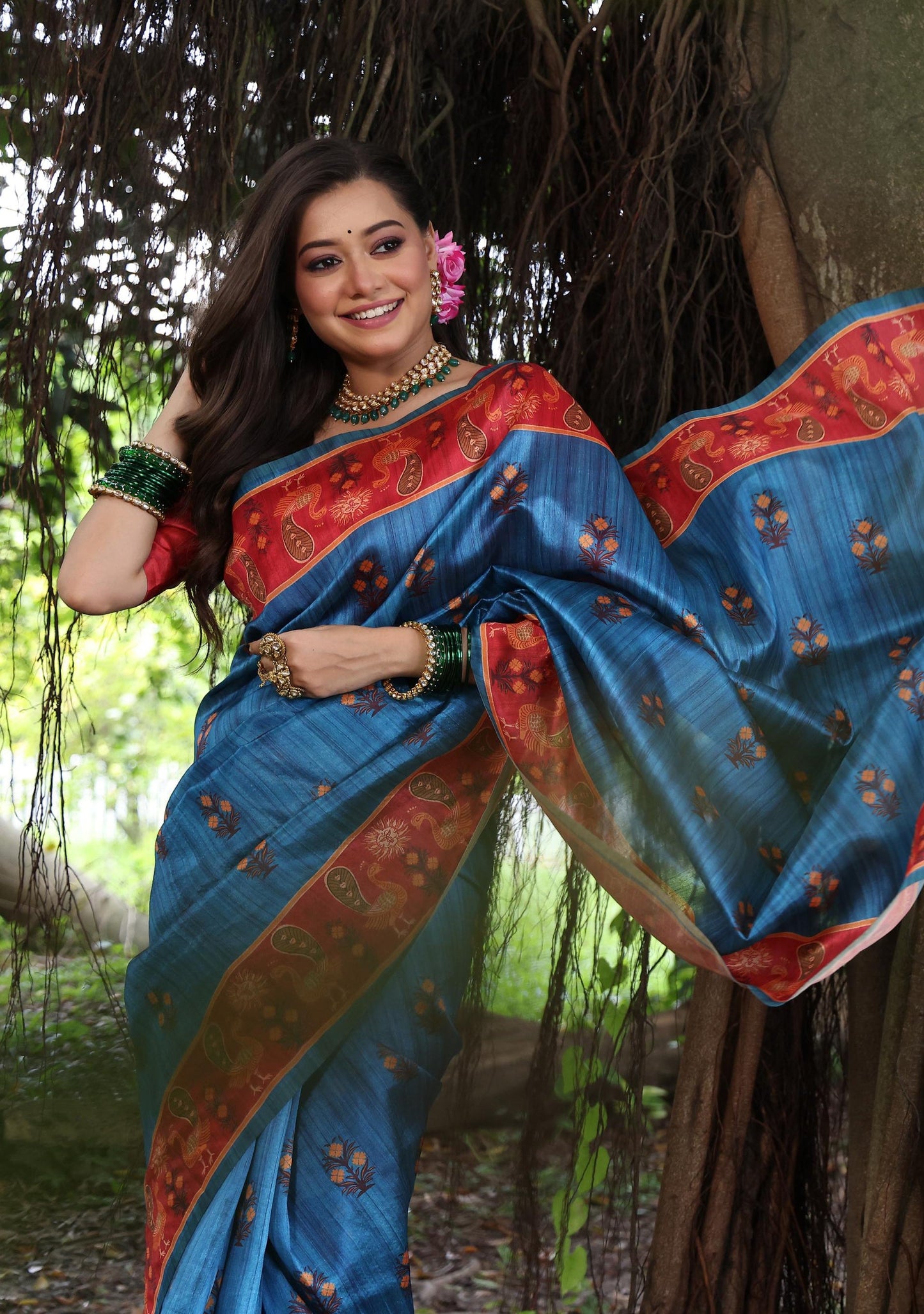 Jyoti Fashion Women's Wine Soft Tussar Silk Peacock Printed Designer Saree with Blouse | Swadesiicart