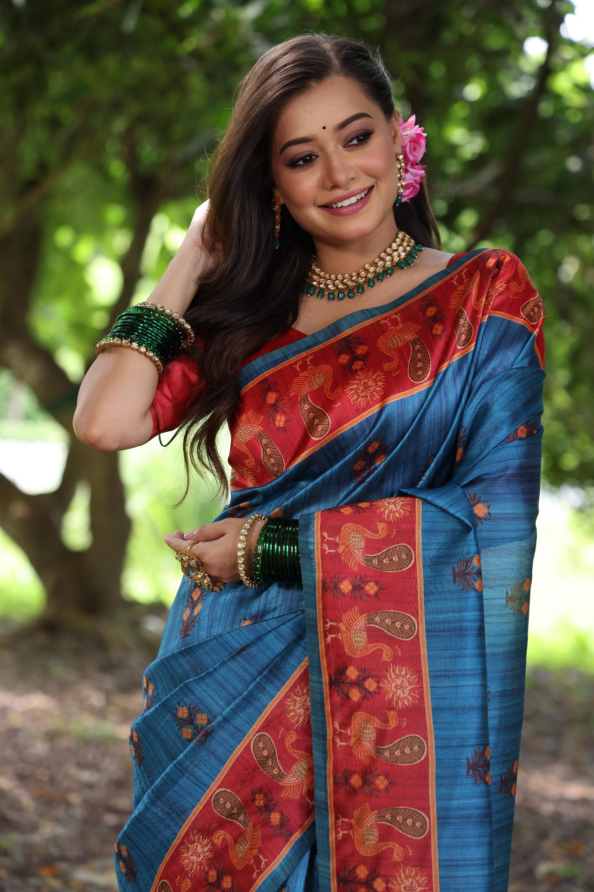 Jyoti Fashion Women's Wine Soft Tussar Silk Peacock Printed Designer Saree with Blouse | Swadesiicart
