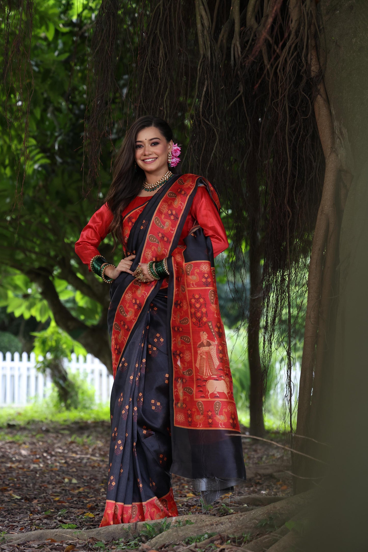 Jyoti Fashion Women's Blue Soft Tussar Silk Peacock Printed Designer Saree with Blouse | Swadesiicart