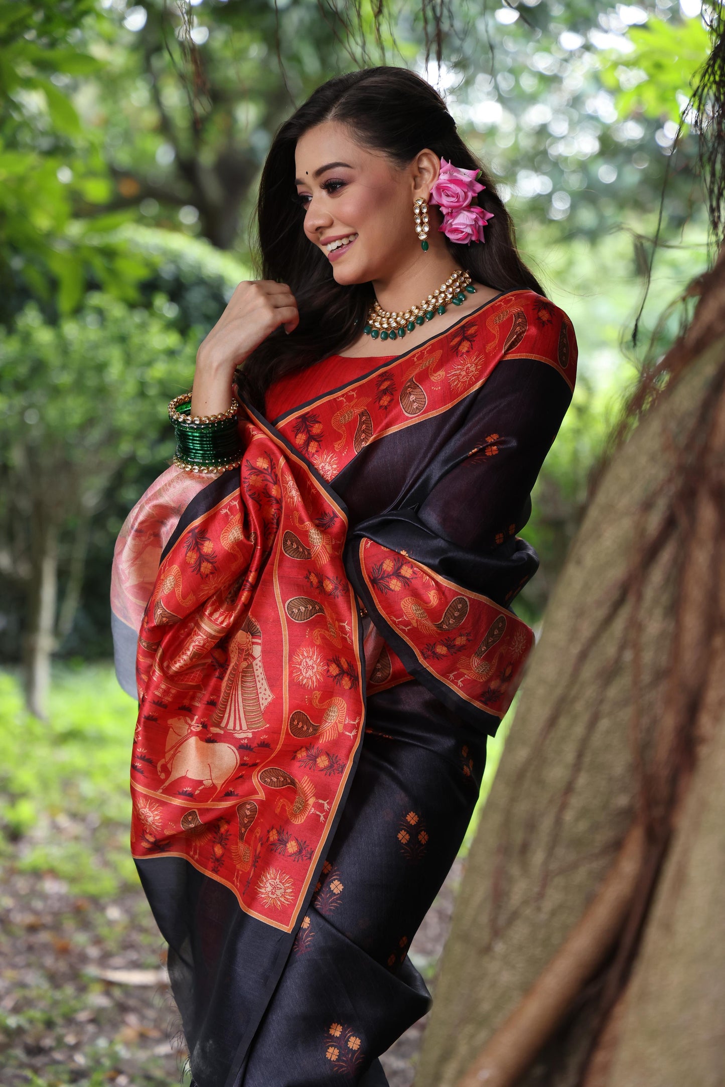 Jyoti Fashion Women's Blue Soft Tussar Silk Peacock Printed Designer Saree with Blouse | Swadesiicart
