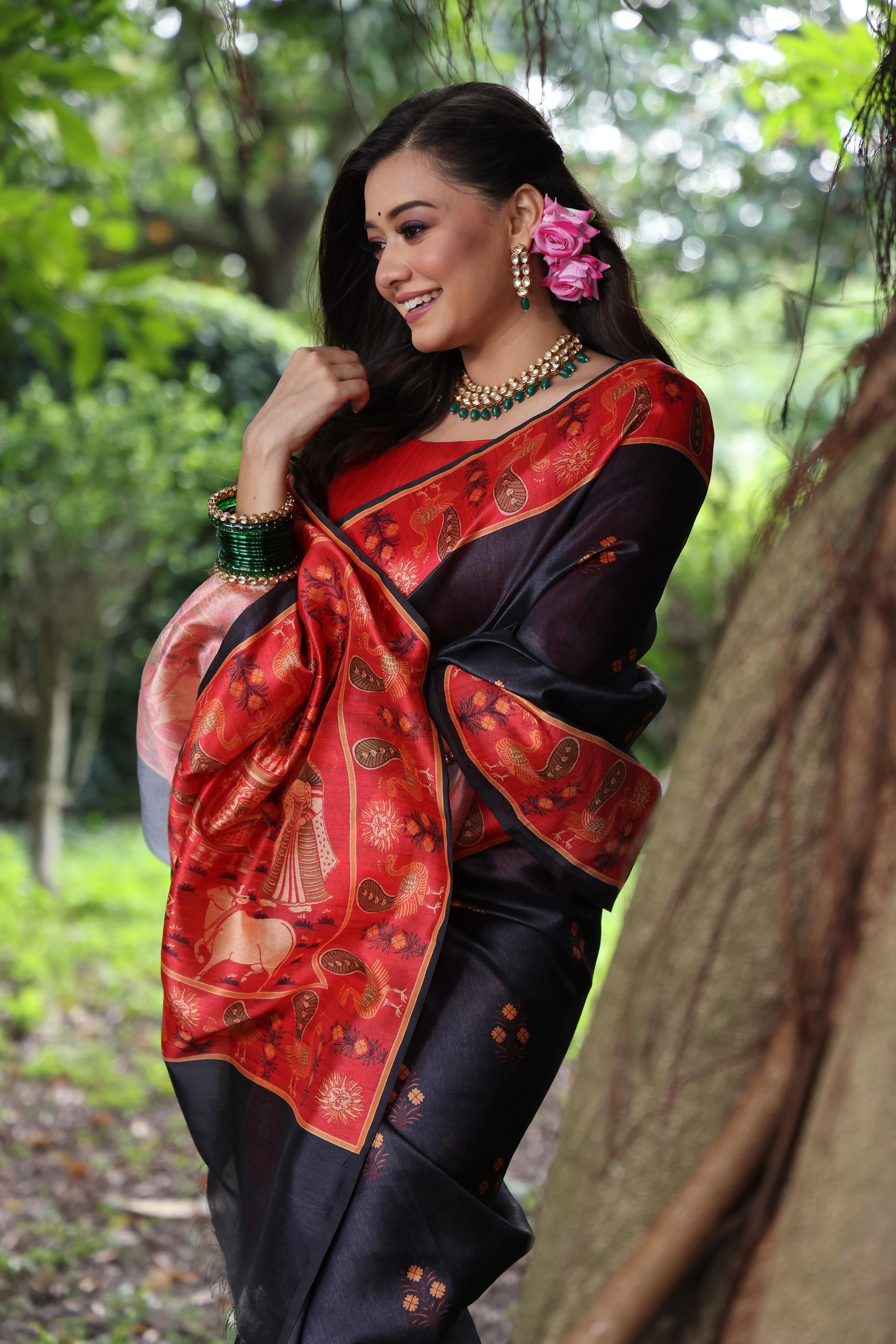 Jyoti Fashion Women's Blue Soft Tussar Silk Peacock Printed Designer Saree with Blouse | Swadesiicart
