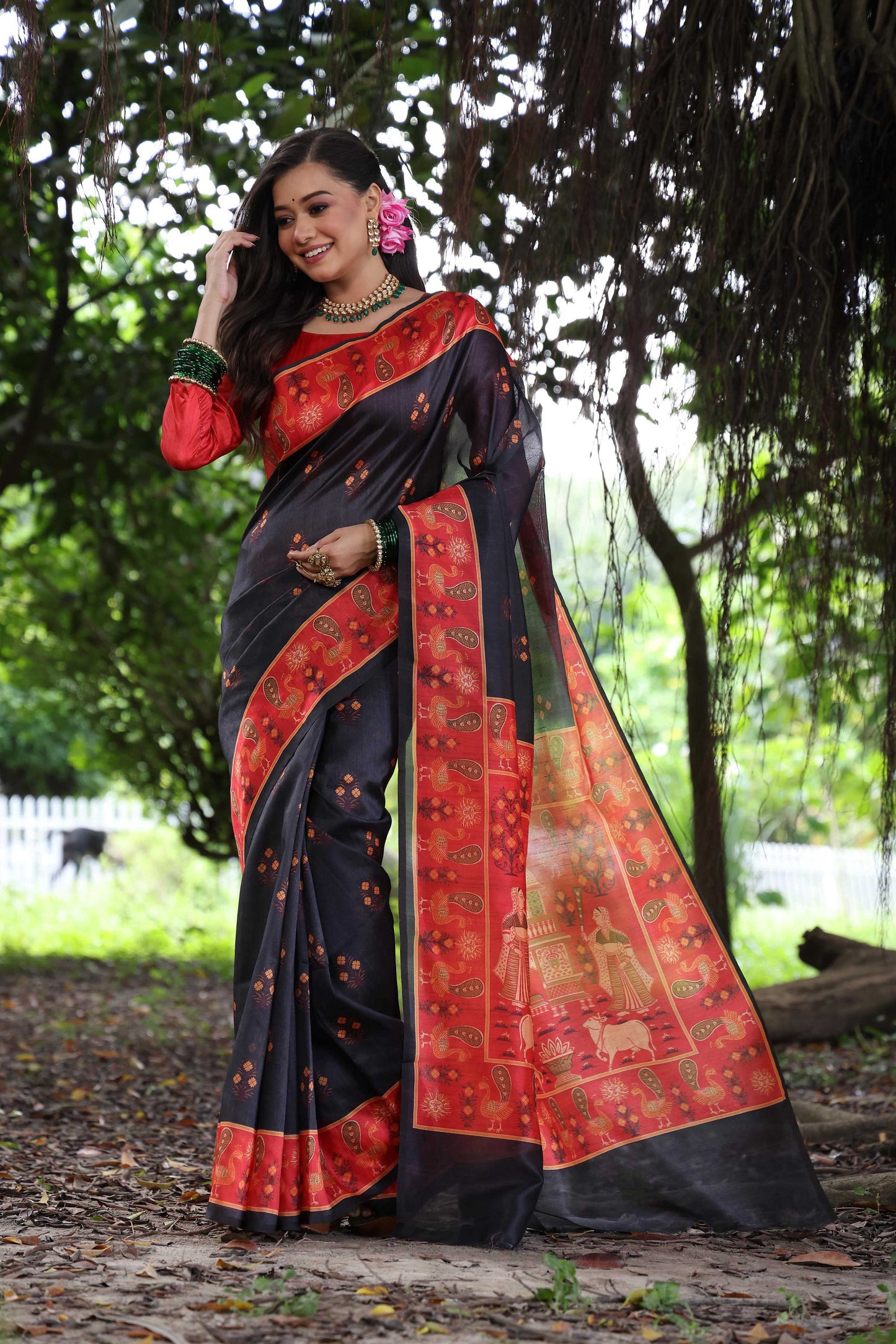 Jyoti Fashion Women's Blue Soft Tussar Silk Peacock Printed Designer Saree with Blouse | Swadesiicart