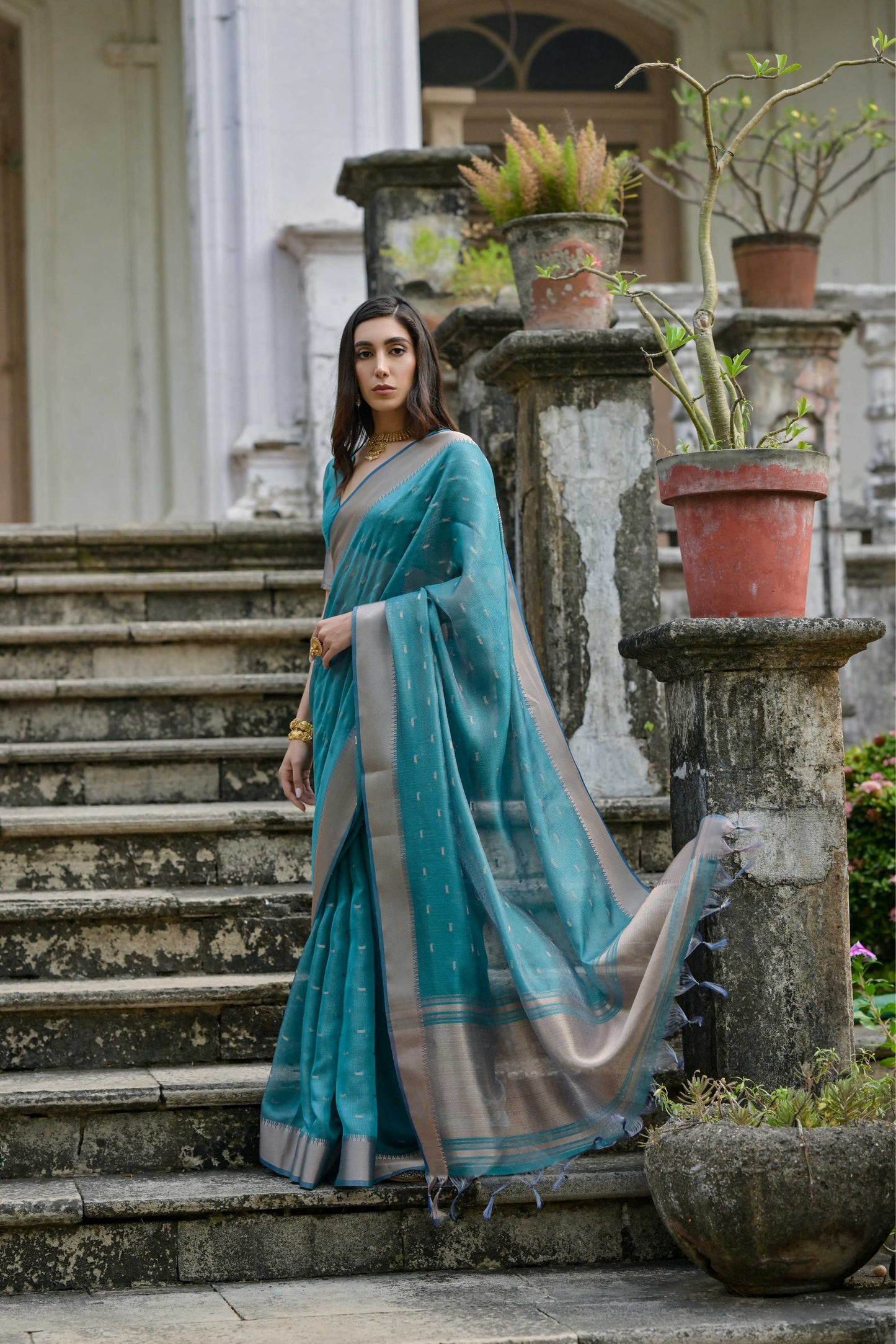 Jyoti Fashion Women's Teal Soft Kalyani Silk Zari Woven Designer Saree with Blouse | Swadesiicart
