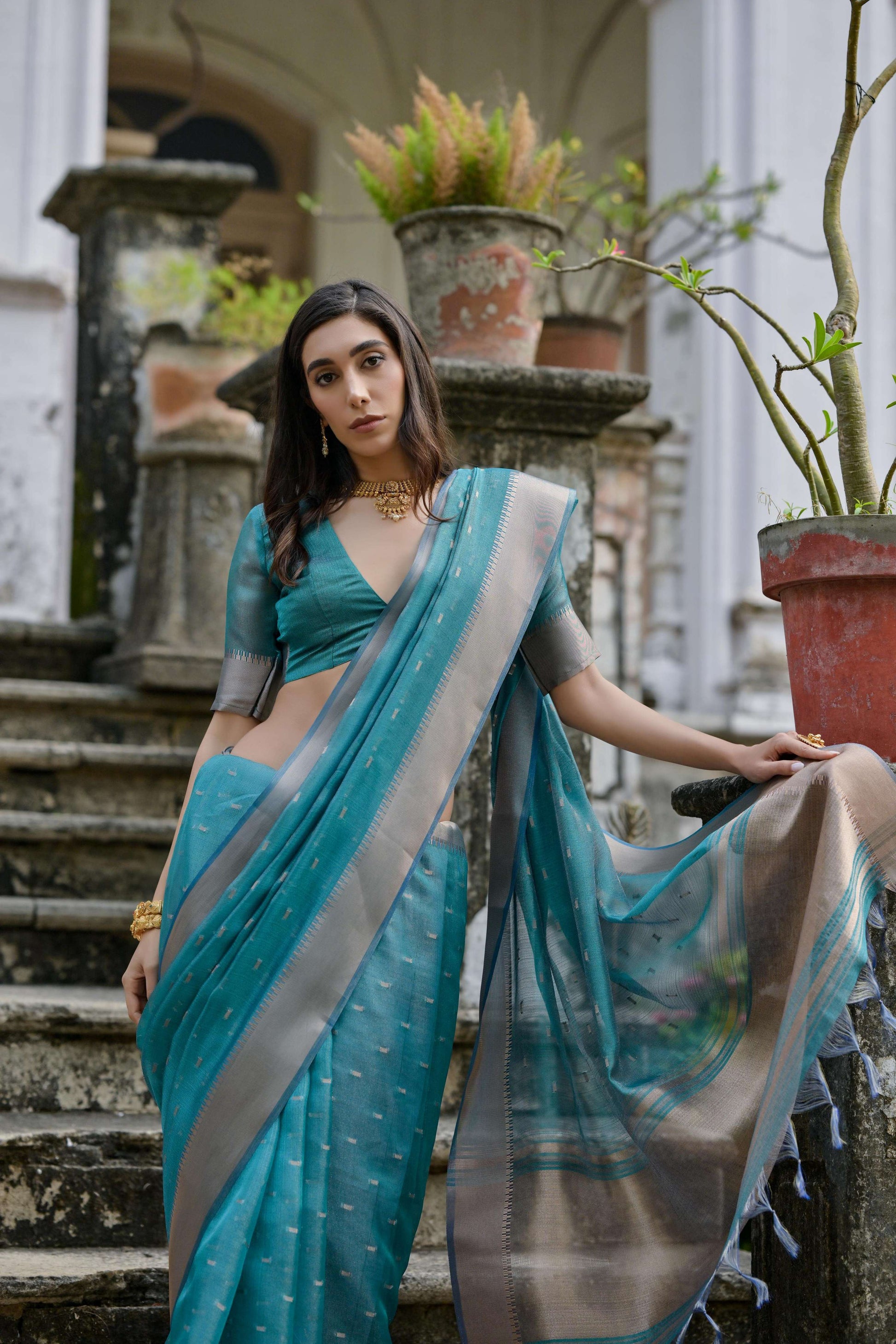 Jyoti Fashion Women's Teal Soft Kalyani Silk Zari Woven Designer Saree with Blouse | Swadesiicart