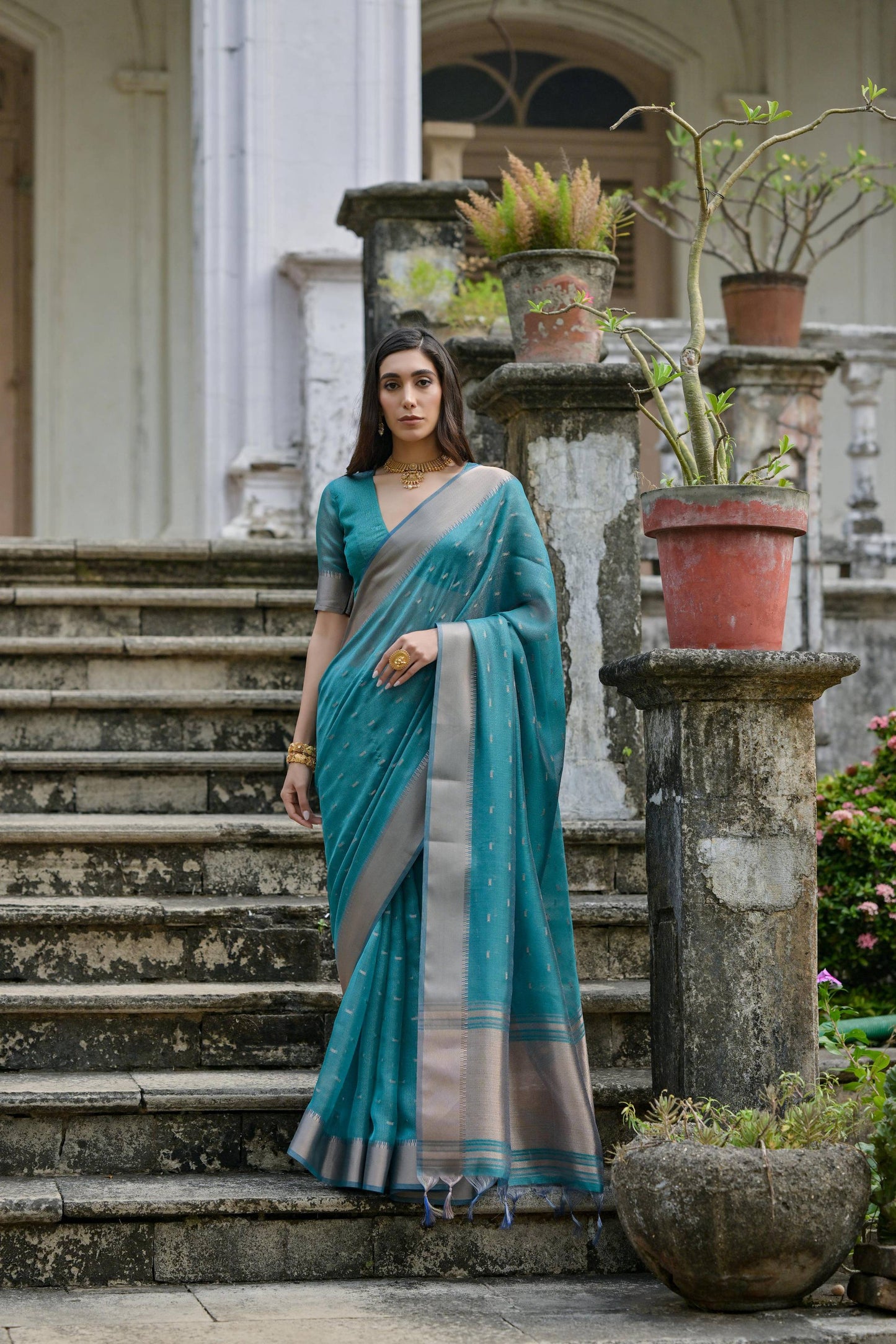 Jyoti Fashion Women's Teal Soft Kalyani Silk Zari Woven Designer Saree with Blouse | Swadesiicart