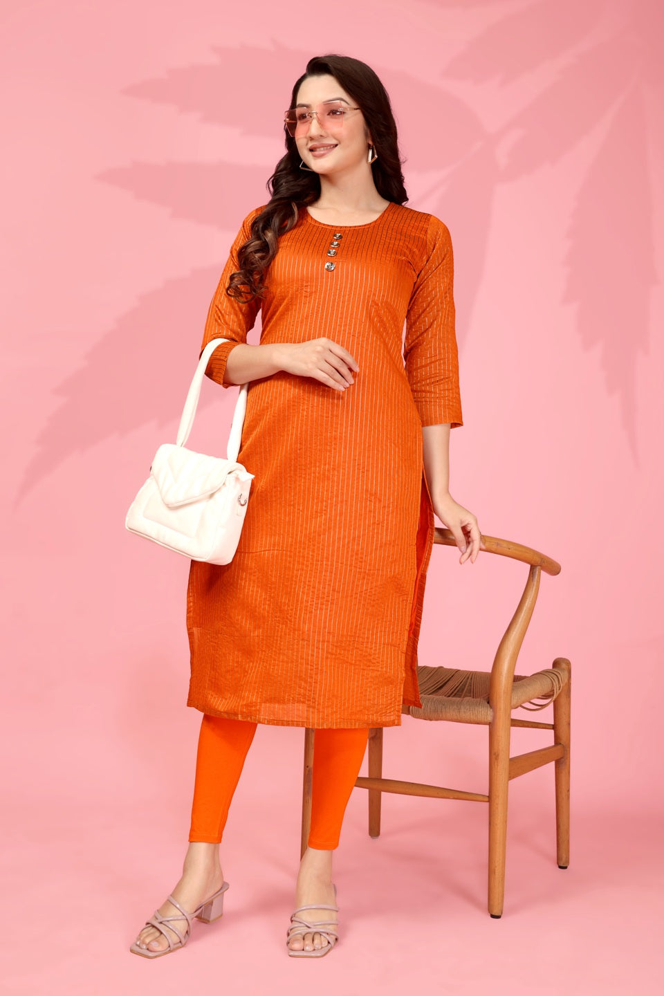 Jyoti Fashion Women's Orange Kanchi Cotton Lining Zari Woven Designer Kurti Only | Swadesiicart