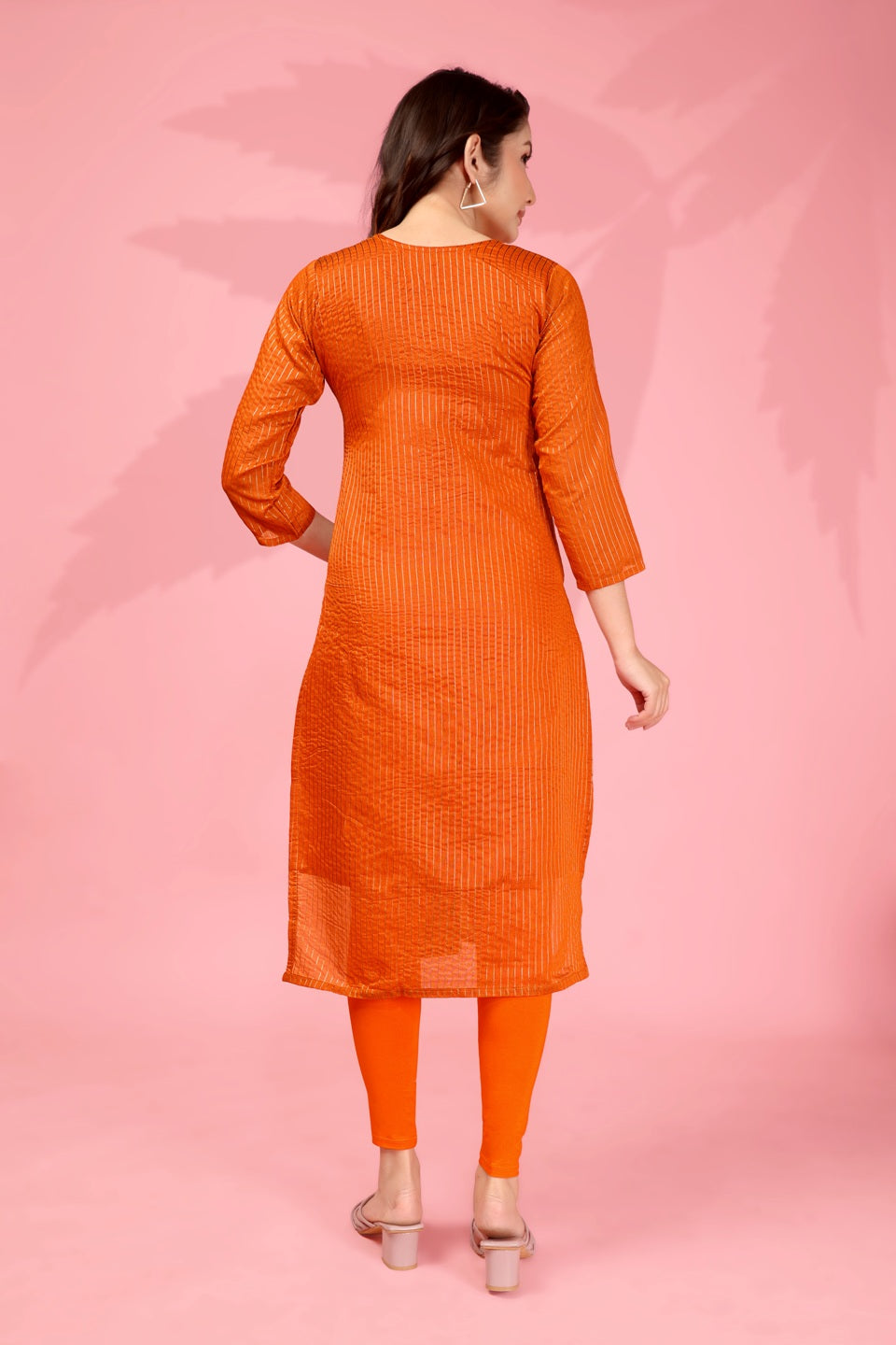 Jyoti Fashion Women's Orange Kanchi Cotton Lining Zari Woven Designer Kurti Only | Swadesiicart