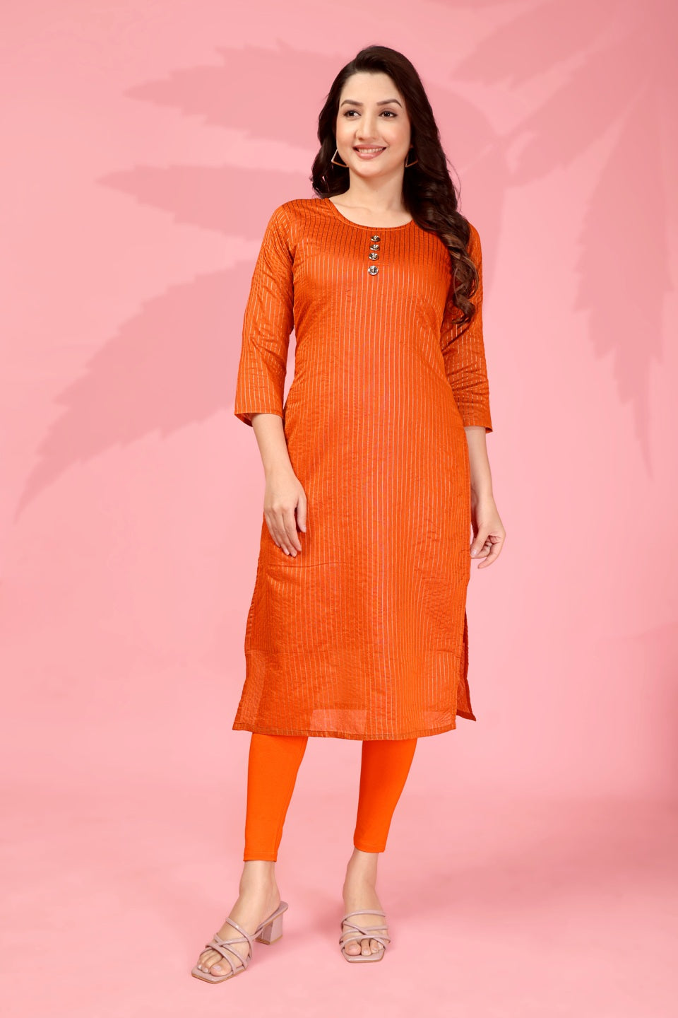 Jyoti Fashion Women's Orange Kanchi Cotton Lining Zari Woven Designer Kurti Only | Swadesiicart