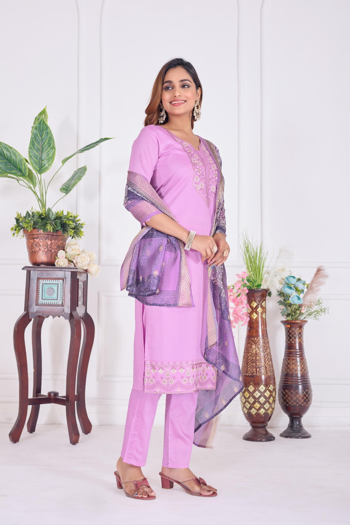 Jyoti Fashion Women's Lavender Cotton Embroidered Designer Kurta Set with Dupatta | Swadesiicart
