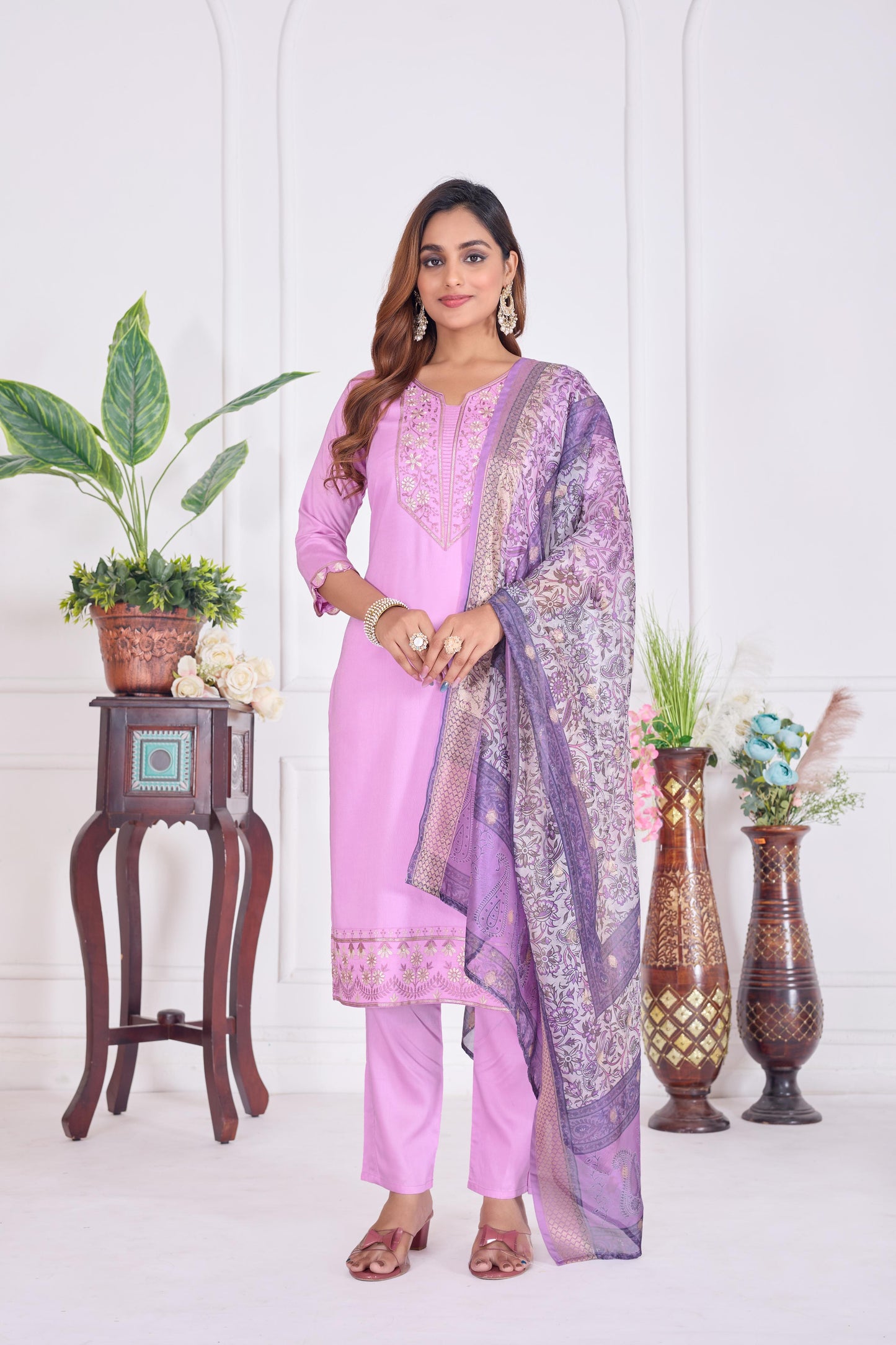 Jyoti Fashion Women's Lavender Cotton Embroidered Designer Kurta Set with Dupatta | Swadesiicart