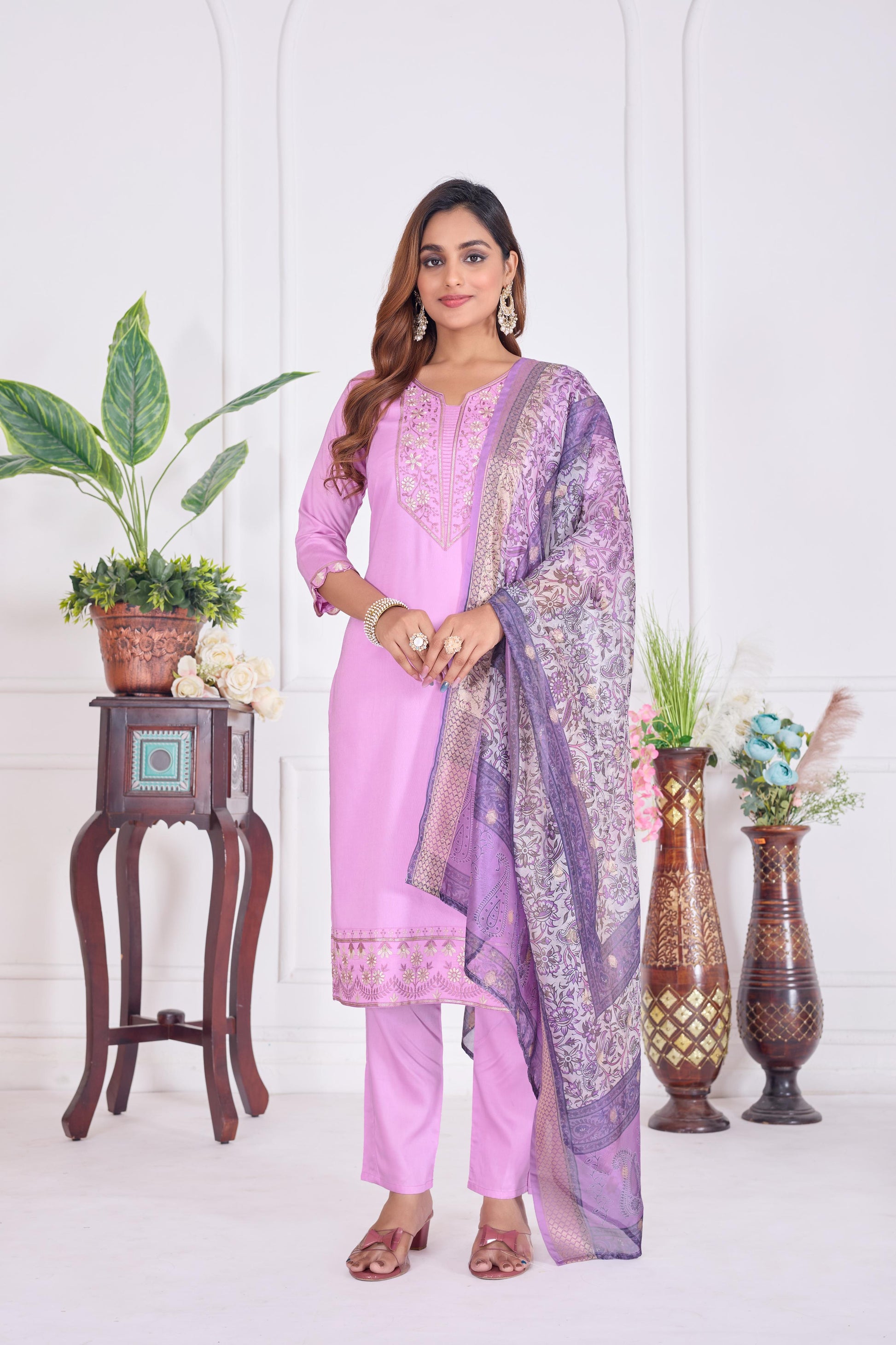Jyoti Fashion Women's Lavender Cotton Embroidered Designer Kurta Set with Dupatta | Swadesiicart
