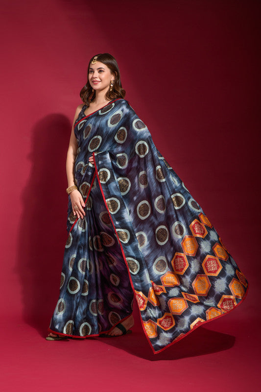 Jyoti Fashion Women's Navy Blue Emboss Foil Printed Soft Silk Saree with Blouse | Swadesiicart