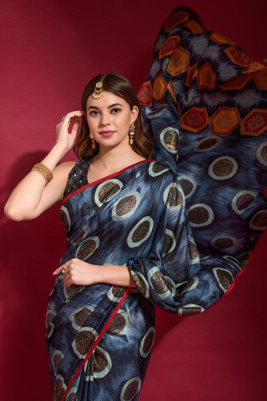 Jyoti Fashion Women's Navy Blue Emboss Foil Printed Soft Silk Saree with Blouse | Swadesiicart