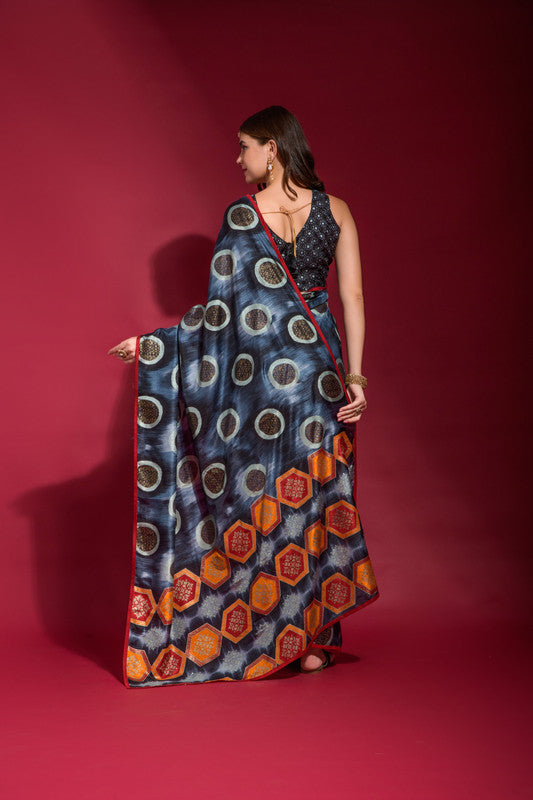 Jyoti Fashion Women's Navy Blue Emboss Foil Printed Soft Silk Saree with Blouse | Swadesiicart