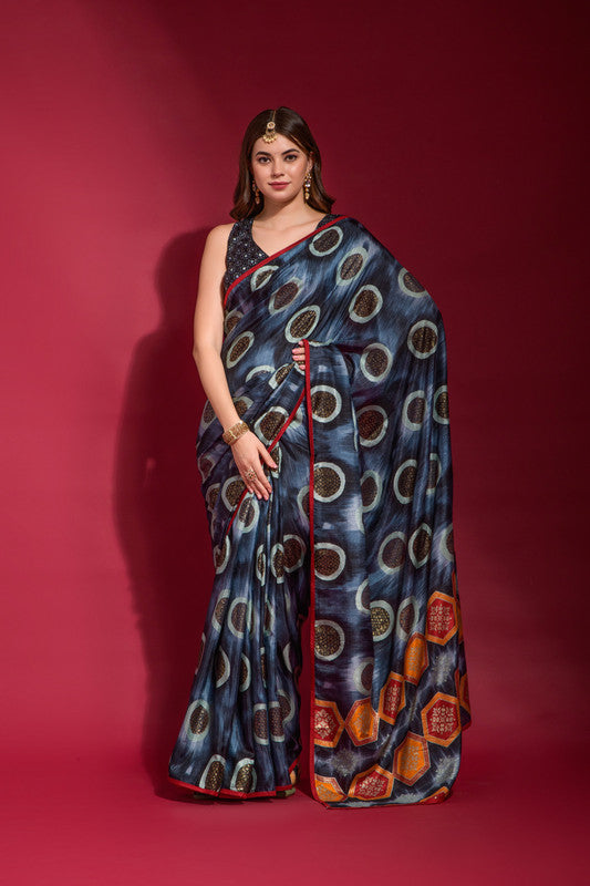 Jyoti Fashion Women's Navy Blue Emboss Foil Printed Soft Silk Saree with Blouse | Swadesiicart