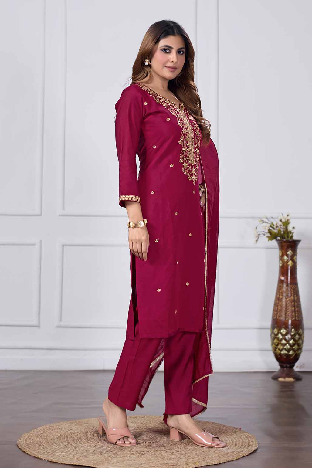 Jyoti Fashion Women's Maroon Chanderi Cotton Embroidered Designer Kurta Set with Dupatta | Swadesiicart