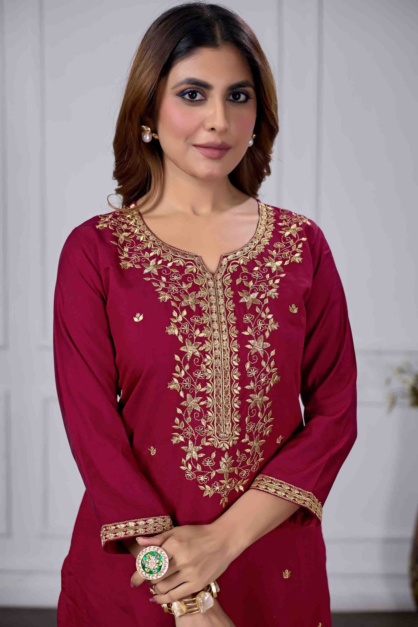 Jyoti Fashion Women's Maroon Chanderi Cotton Embroidered Designer Kurta Set with Dupatta | Swadesiicart