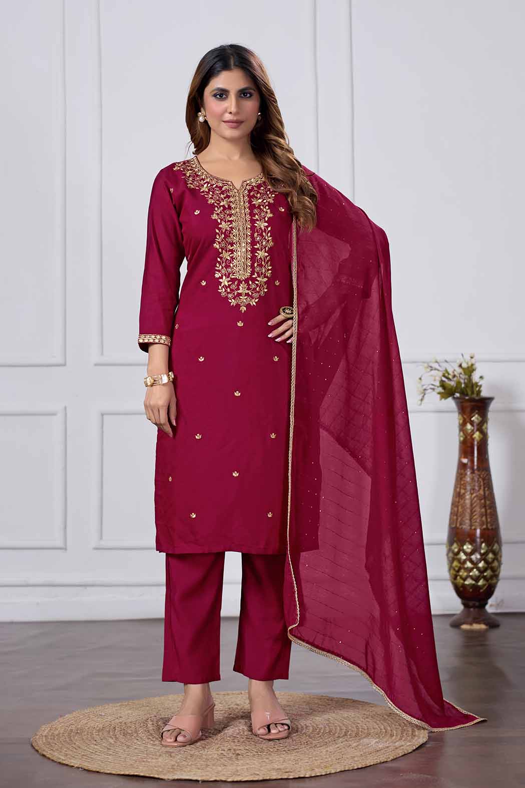 Jyoti Fashion Women's Maroon Chanderi Cotton Embroidered Designer Kurta Set with Dupatta | Swadesiicart