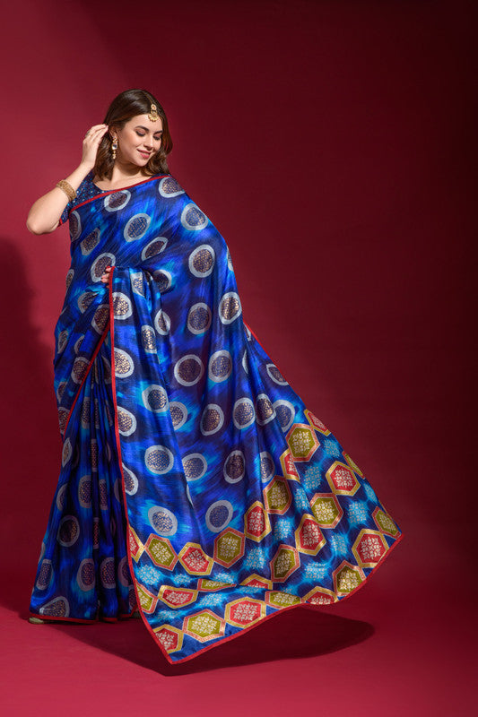 Jyoti Fashion Women's Royal Blue Emboss Foil Printed Soft Silk Saree with Blouse | Swadesiicart