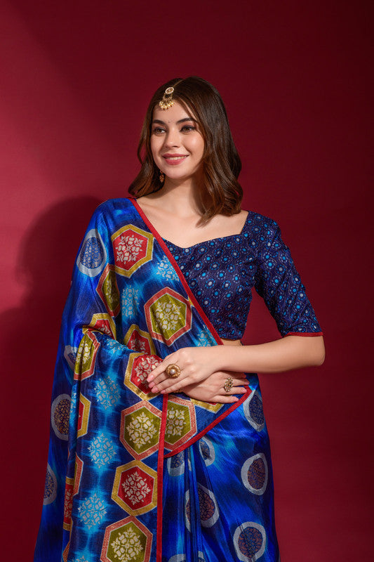 Jyoti Fashion Women's Royal Blue Emboss Foil Printed Soft Silk Saree with Blouse | Swadesiicart