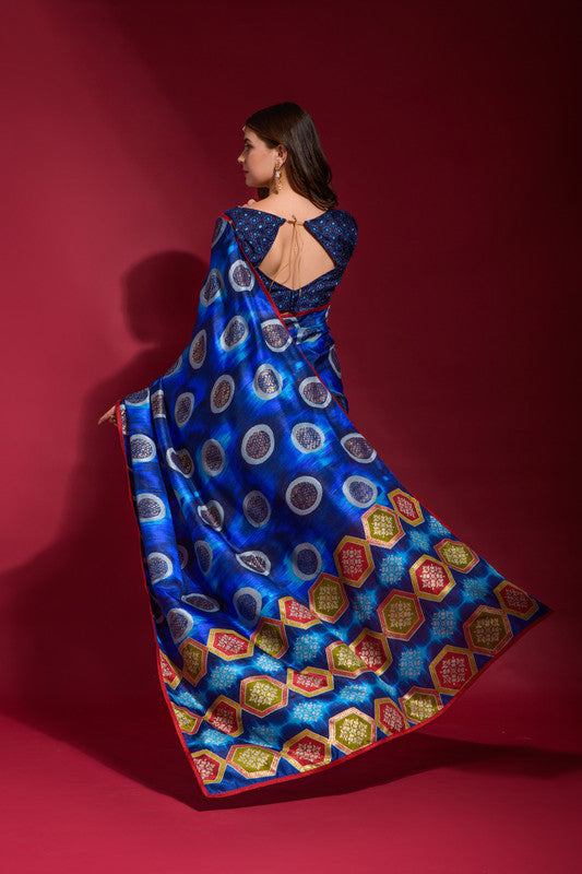 Jyoti Fashion Women's Royal Blue Emboss Foil Printed Soft Silk Saree with Blouse | Swadesiicart