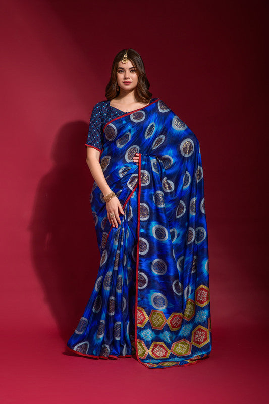 Jyoti Fashion Women's Royal Blue Emboss Foil Printed Soft Silk Saree with Blouse | Swadesiicart