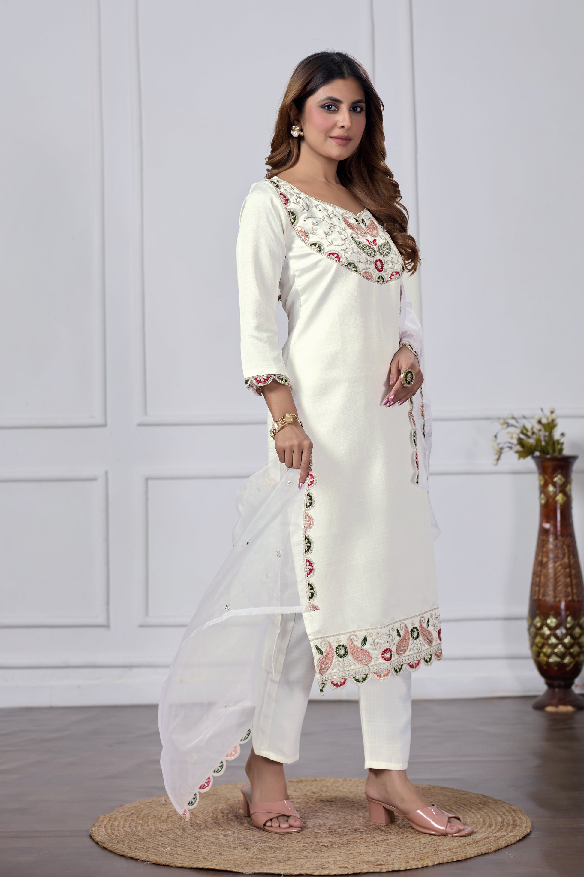 Jyoti Fashion Women's White Cotton Embroidered Designer Kurta Set with Dupatta | Swadesiicart
