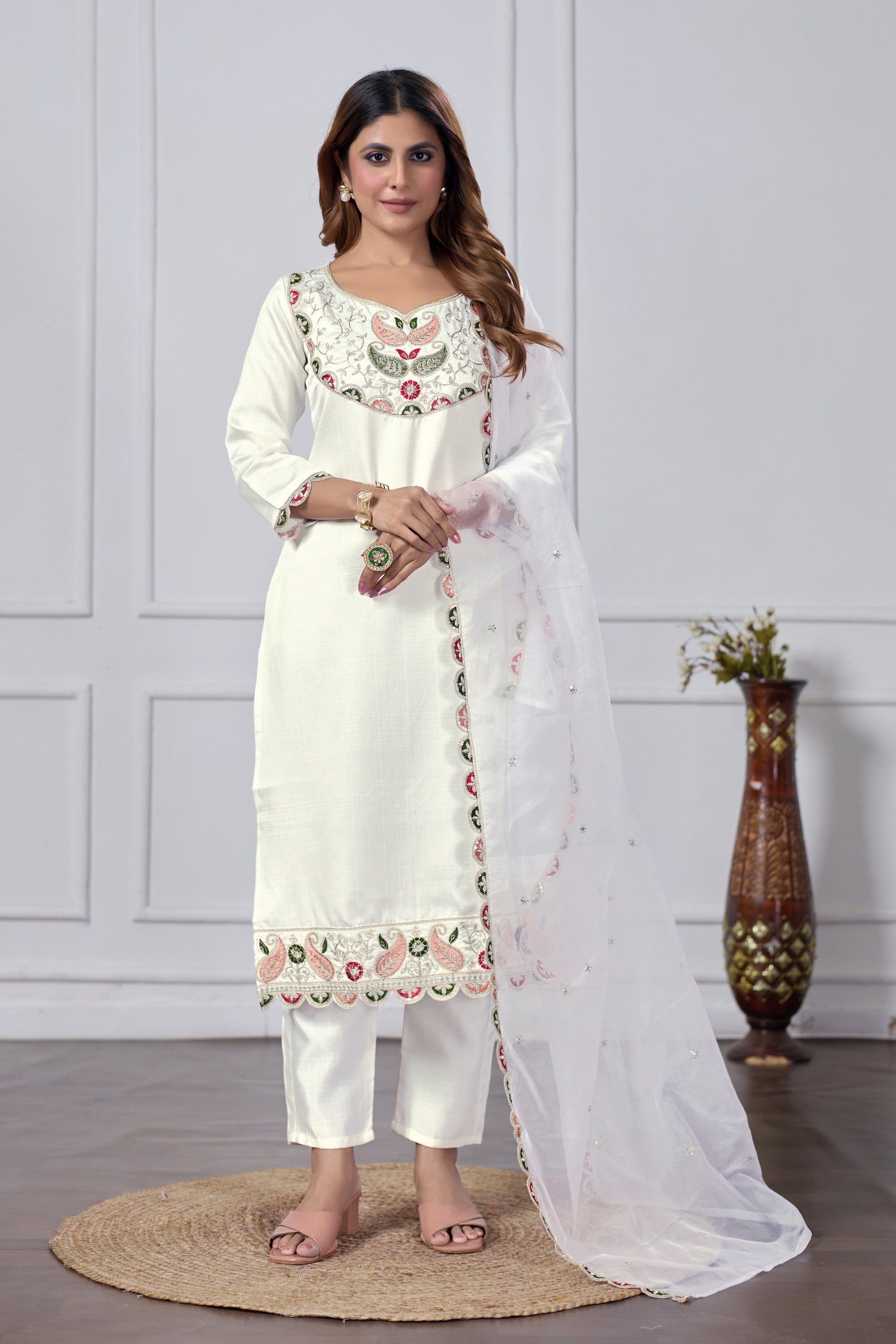 Jyoti Fashion Women's White Cotton Embroidered Designer Kurta Set with Dupatta | Swadesiicart