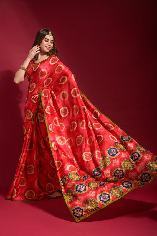 Jyoti Fashion Women's Red Emboss Foil Printed Soft Silk Saree with Blouse | Swadesiicart