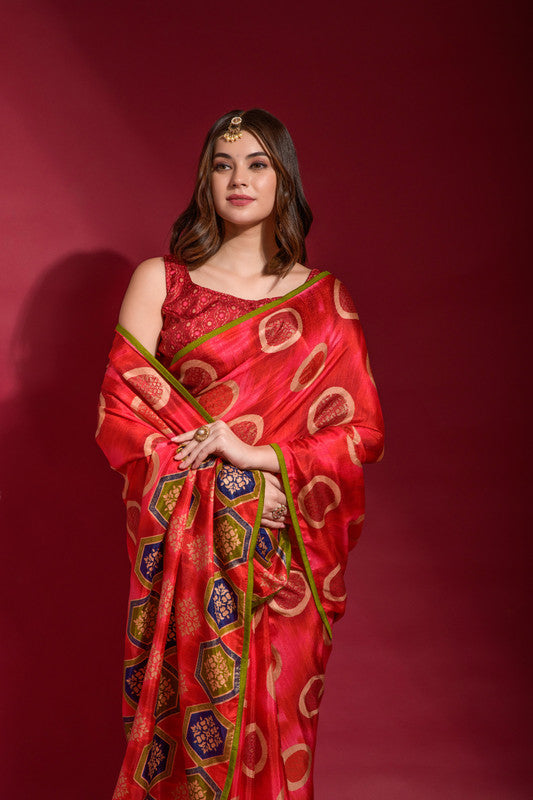 Jyoti Fashion Women's Red Emboss Foil Printed Soft Silk Saree with Blouse | Swadesiicart