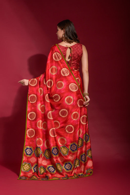 Jyoti Fashion Women's Red Emboss Foil Printed Soft Silk Saree with Blouse | Swadesiicart