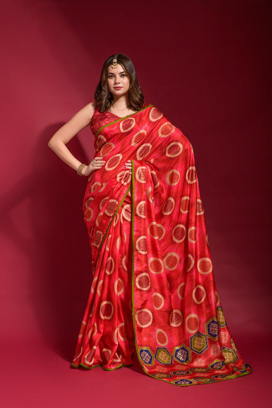 Jyoti Fashion Women's Red Emboss Foil Printed Soft Silk Saree with Blouse | Swadesiicart