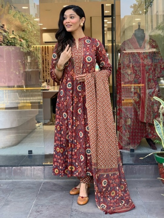 Jyoti Fashion Women's Maroon Rayon Slub Floral Printed Designer Kurta Set with Dupatta | Swadesiicart