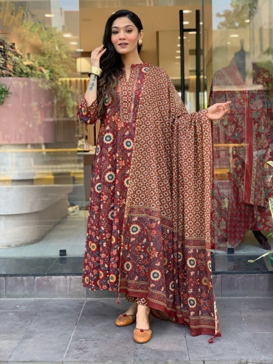 Jyoti Fashion Women's Maroon Rayon Slub Floral Printed Designer Kurta Set with Dupatta | Swadesiicart