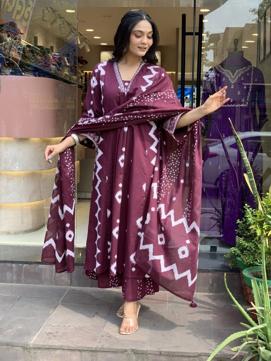 Jyoti Fashion Women's Wine Rayon Slub Printed Designer Kurta Set with Dupatta | Swadesiicart