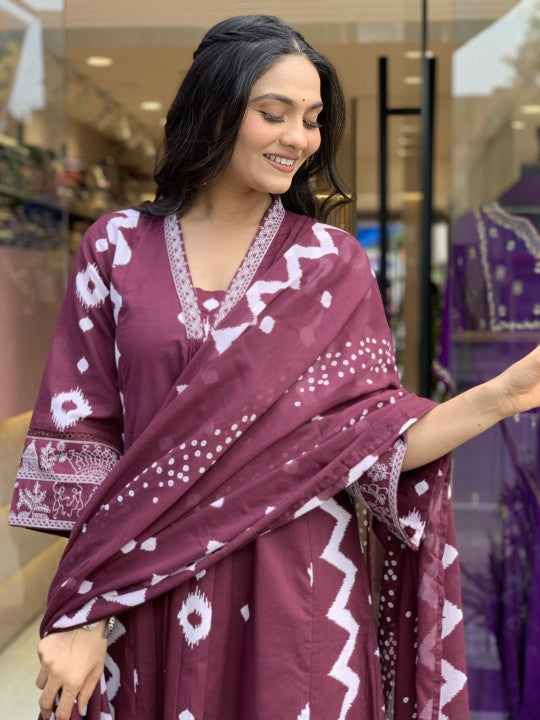 Jyoti Fashion Women's Wine Rayon Slub Printed Designer Kurta Set with Dupatta | Swadesiicart
