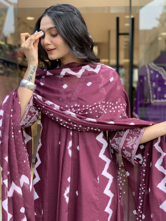 Jyoti Fashion Women's Wine Rayon Slub Printed Designer Kurta Set with Dupatta | Swadesiicart