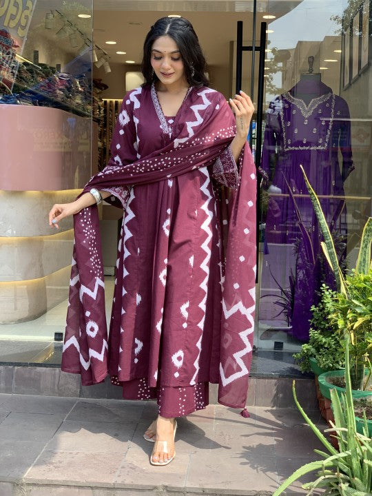 Jyoti Fashion Women's Wine Rayon Slub Printed Designer Kurta Set with Dupatta | Swadesiicart