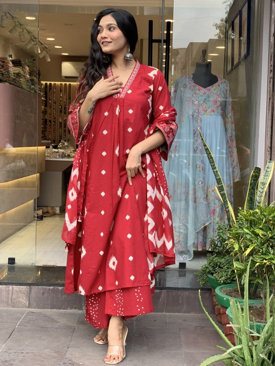 Jyoti Fashion Women's Red Rayon Slub Printed Designer Kurta Set with Dupatta | Swadesiicart