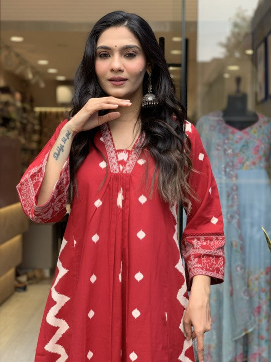 Jyoti Fashion Women's Red Rayon Slub Printed Designer Kurta Set with Dupatta | Swadesiicart