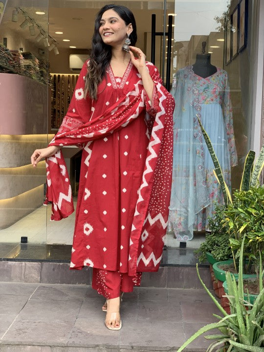 Jyoti Fashion Women's Red Rayon Slub Printed Designer Kurta Set with Dupatta | Swadesiicart